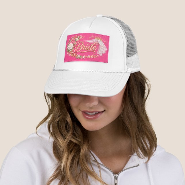 Gorra De Camionero Modern Bride Embroidered Hat Patch - Hot Pink (In situ)