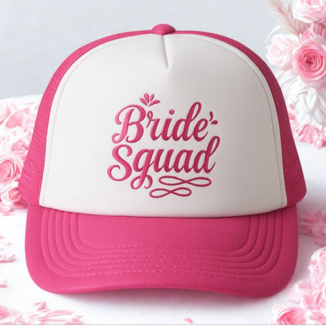 Gorra De Camionero Modern Simple Bachelorette Bride Squad Pink Text (Modern simple bride squad baseball hat)