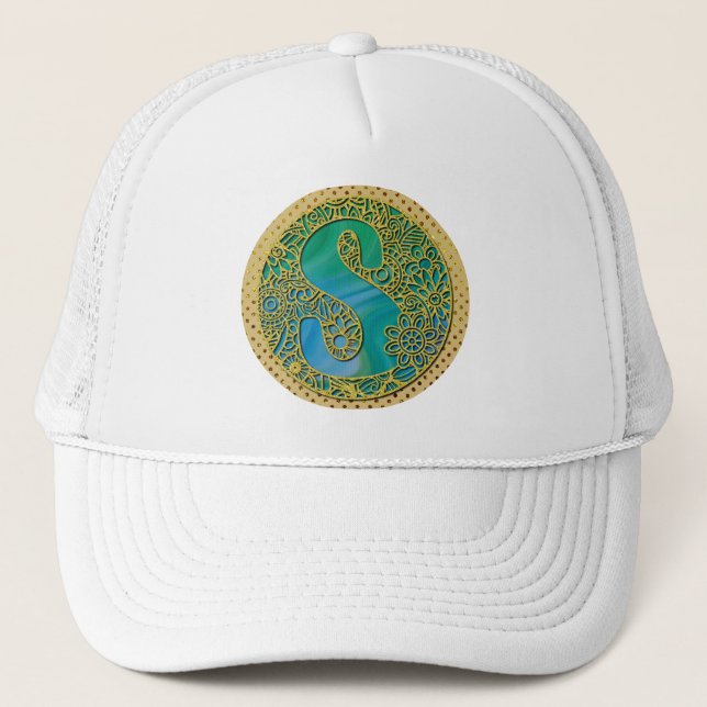 Gorra De Camionero Moderno Monograma Carta de oro inicial y turquesa (Anverso)