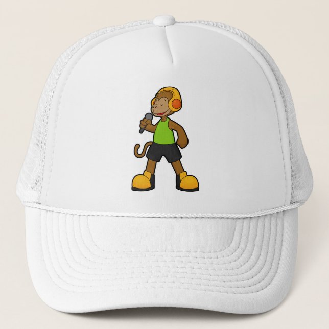 Gorra De Camionero Mono como cantante con micrófono y audífono (Anverso)