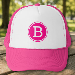 Gorra De Camionero Monograma de Círculo Rosa Caliente Anillo Blanco