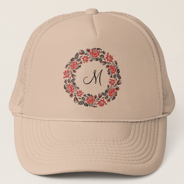 Gorra De Camionero Monograma del círculo de las rosas rojas cruzadas  (Anverso)