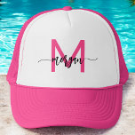 Gorra De Camionero Monograma estilizado moderno rosa caliente<br><div class="desc">Encima de tu aspecto con nuestro Monograma Moderno y Moderno sombrero de Camión Rosado Caliente! Este gorra, con un vibrante diseño rosado caliente y personalizado con su monograma en un estilo elegante y moderno, le aporta un toque personalizado y moda a su estilo. La malla respirable trasera y el cierre...</div>