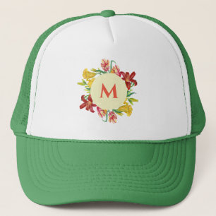 Gorra De Camionero Monograma Flores de primavera brillante Ilustracio