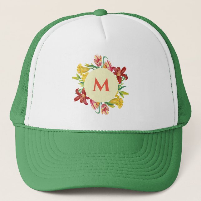 Gorra De Camionero Monograma Flores de primavera brillante Ilustracio (Anverso)
