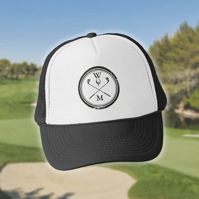 Gorra De Camionero Monograma Iniciales Golf en blanco y negro (Monogram Initials Black and White Golf Trucker Hat)