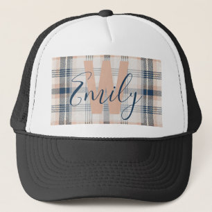 Gorra De Camionero Monograma moderno de crema azul de tartán