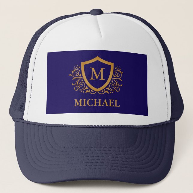 Gorra De Camionero Monograma personalizado azul marino y oro (Anverso)