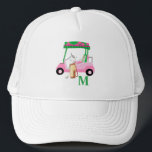 Gorra De Camionero Monograma único de clubes de carritos de golf rosa<br><div class="desc">Un encantador carrito de golf único, rosa y verde, hecho con gusto, listo para correr el campo, gorra, es un gran regalo para todos los amantes del golf, divertido, atractivo y único. Personalízalo con sus iniciales/monograma. Si tiene alguna pregunta de diseño o una solicitud especial, envíe un correo electrónico a:...</div>