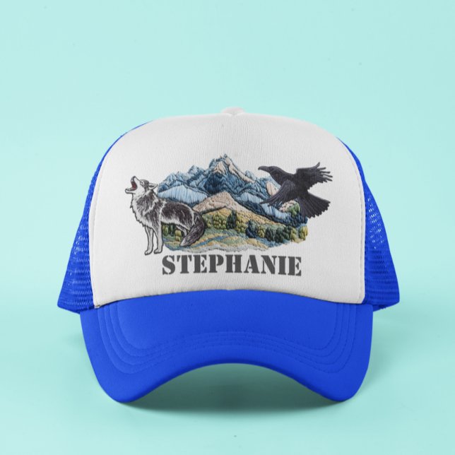 Gorra De Camionero Montañas Faux Patches Wolf Raven Personalizado (Subido por el creador)