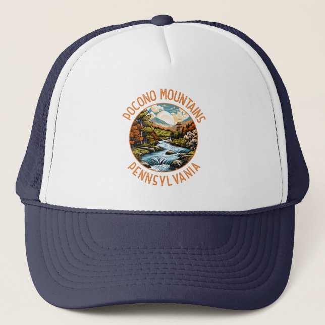 Gorra De Camionero Montañas Pocono Pennsylvania Sunset Retro Art (Anverso)