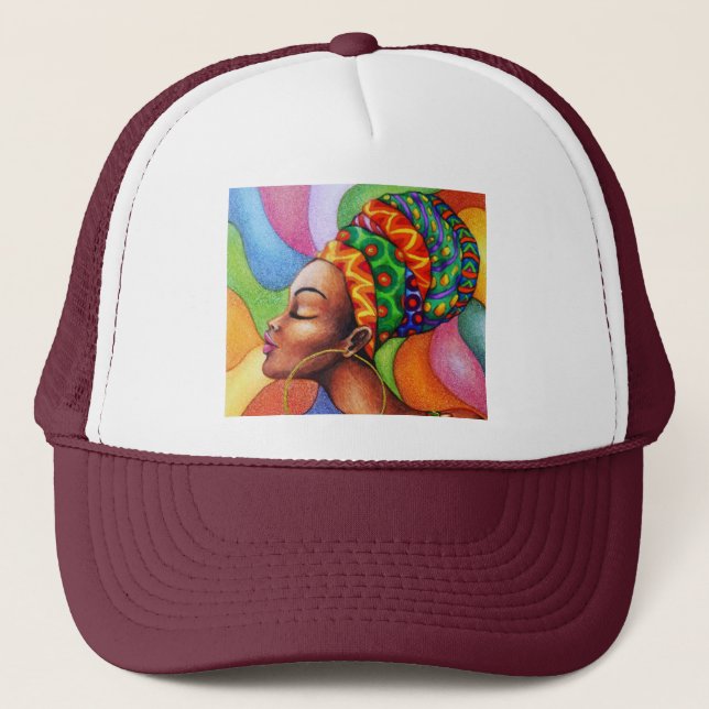 Gorra De Camionero Mujer africana con tejidos tradicionales de cera (Anverso)