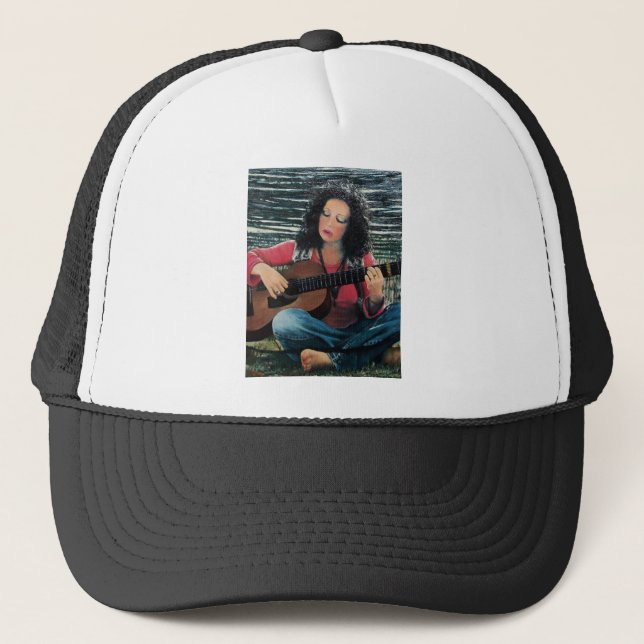 Gorra De Camionero Mujer Jugando Música Con Guitarra Acústica (Anverso)