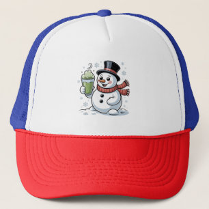 Gorra De Camionero Muñeco de nieve sosteniendo una bebida de matcha d