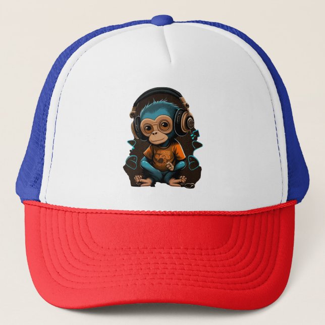 Gorra De Camionero Música Cute Monkey Escuchando, Música Mono Inmerso (Anverso)