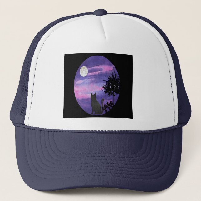 Gorra De Camionero  Mystical Cat Under Full Moon – Dreamy Purple Nigh (Anverso)