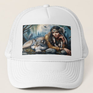 Gorra De Camionero Mystical Una Mujer Nativa Estadounidense Con Lobos