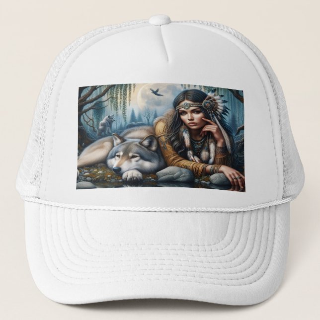 Gorra De Camionero Mystical Una Mujer Nativa Estadounidense Con Lobos (Anverso)