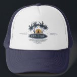 Gorra De Camionero Nacido Para Surf Palm Trees Surfboard Vintage Logo<br><div class="desc">Nacido en Surf,  tablas de surf de estilo vintage,  puesta de sol y logo de la palmera en azul marino rústico.</div>