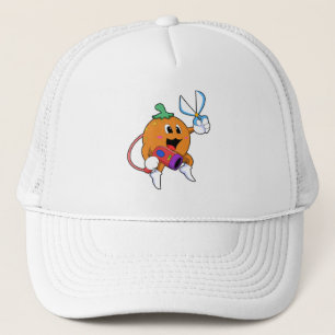 Gorra De Camionero Naranja como peluquero con tijeras y secador de pe
