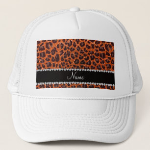 Gorra De Camionero Naranja de nombre personalizado purpurina leopardo