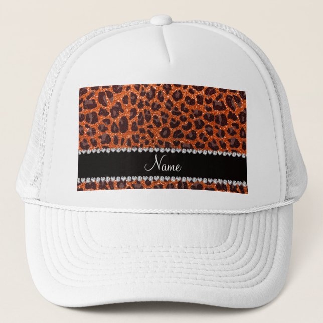 Gorra De Camionero Naranja de nombre personalizado purpurina leopardo (Anverso)