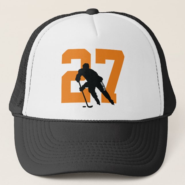 Gorra De Camionero Naranja de número de jugador de hockey Personaliza (Anverso)