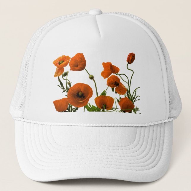 Gorra De Camionero Naranja Flores De Adormidera Flor Floral Blanco (Anverso)