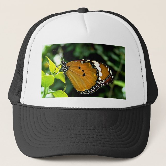 Gorra De Camionero Naranja, mariposa negra y blanca en hojas (Anverso)