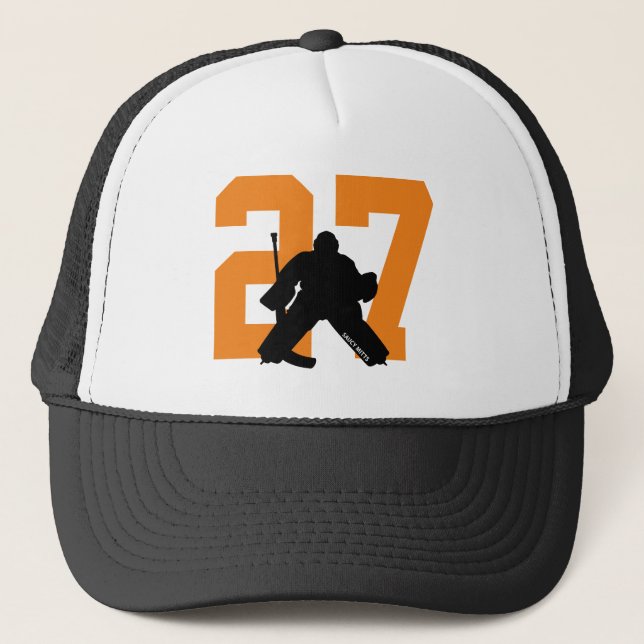Gorra De Camionero Naranja Personalizado de hockey Goalie número (Anverso)
