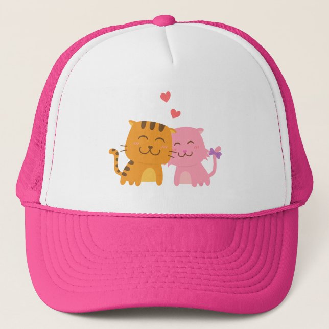 Gorra De Camionero Naranja y gato rosado enamorado (Anverso)