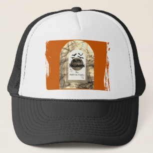 Gorra De Camionero Naranja y negro Spooky Luna llena Feliz Halloween