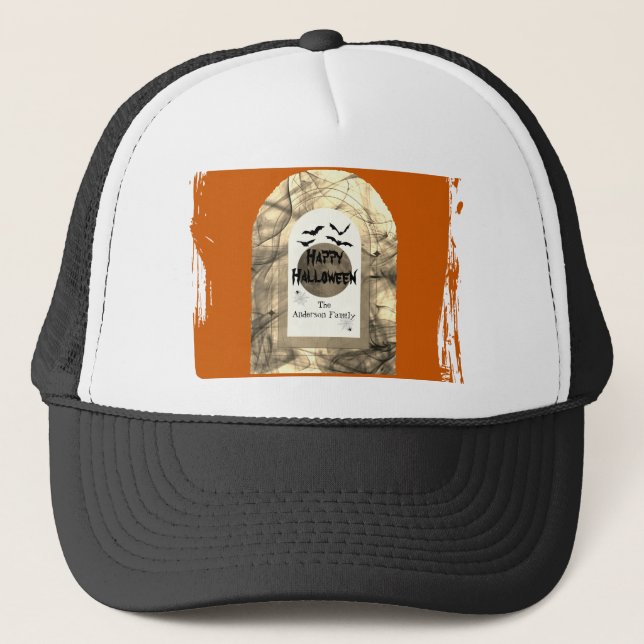 Gorra De Camionero Naranja y negro Spooky Luna llena Feliz Halloween (Anverso)