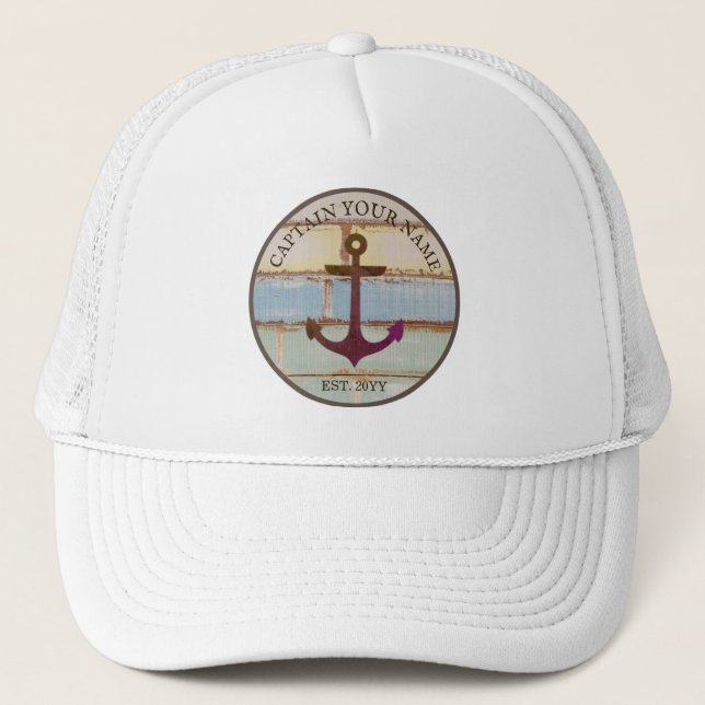 Gorra De Camionero Nautical Anchor Rustic Wood Bot Name (Anverso)