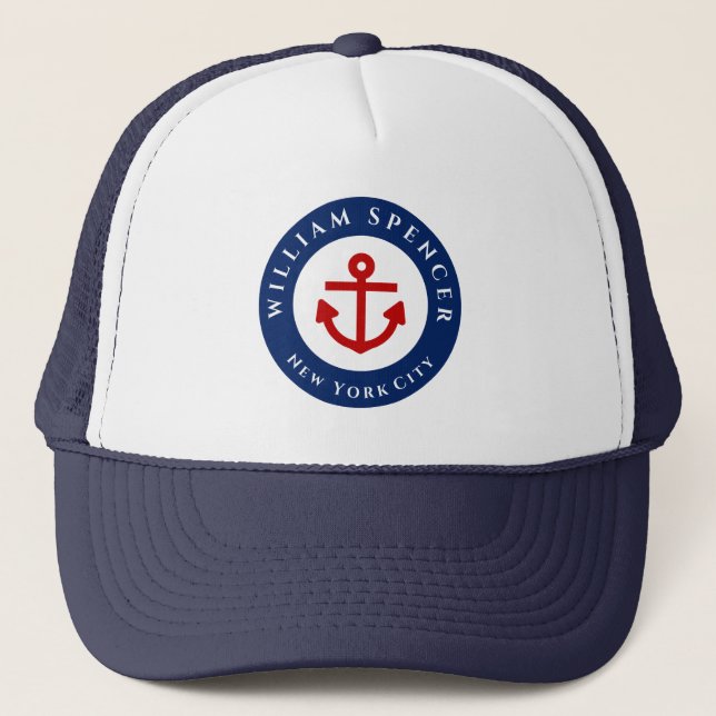 Gorra De Camionero Nautical Marine Navy Blue Red White Stripes Anchor (Anverso)