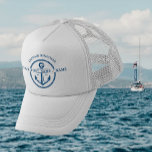 Gorra De Camionero Nautical Naval Blue Boat Capitán Nombre Anchor<br><div class="desc">Nautical Navy Blue Pattern Boat Capitán Nombre Ancla y Diseño de Rope. Hermoso borde circular de cuerda azul marino,  anclaje y texto personalizado. Personaliza con tu nombre,  nombre de barco o texto. Diseño único y original de Golden Bloom Home.</div>
