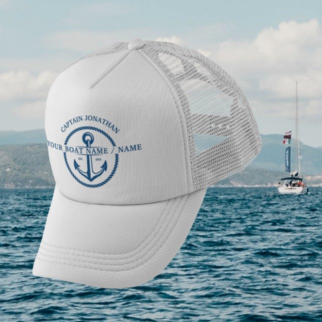 Gorra De Camionero Nautical Naval Blue Boat Capitán Nombre Anchor (Nautical Navy Blue Boat Captain Name Anchor Trucker Hat)