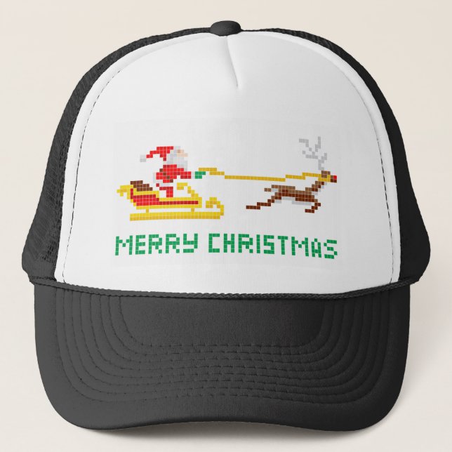 Gorra De Camionero Navidad Santa del arte del pixel y trineo (Anverso)