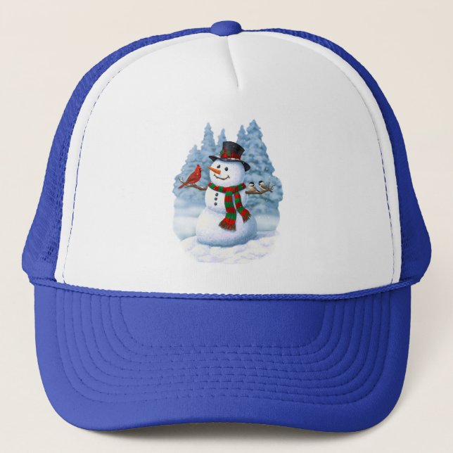 Gorra De Camionero Navidades felices Snowman y Birds Winter Scene (Anverso)