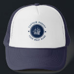 Gorra De Camionero Navy Blue Nautical Wind Sailing Boat<br><div class="desc">Boda de embarcaciones náuticas de vela azul y blanco vintage para nombres y fechas.</div>