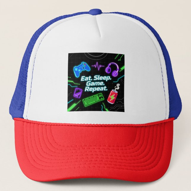 Gorra De Camionero Neon Eat Sleep Game Repeat Gamer Quote (Anverso)