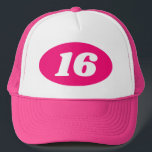 Gorra De Camionero Neon pink trucker hat sweet 16th Birthday party<br><div class="desc">Cool neon pink trucker hat girl's sweet 16th Birthday party! Add your own custom age number. ie 17th 18rd 19th 20th 15th 14th 13th 12th 11th etc. Retro baseball cap with oval logo with year or age number. Fun accessory for teenager turning sixteen. Fun headwear for surprise parties. Great for...</div>