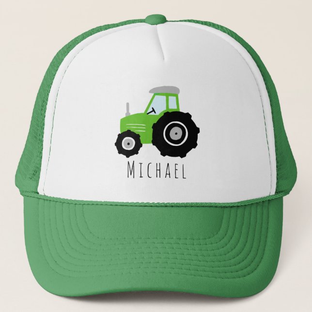 Gorra De Camionero Niños Cute Green Tractor Farm y Nombrar Niños (Anverso)