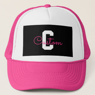 Gorra De Camionero Nombre Bonito & Monograma | Negro Blanco & Rosa