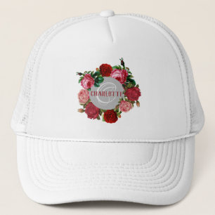 Gorra De Camionero Nombre de monograma del patrón floral personaliza