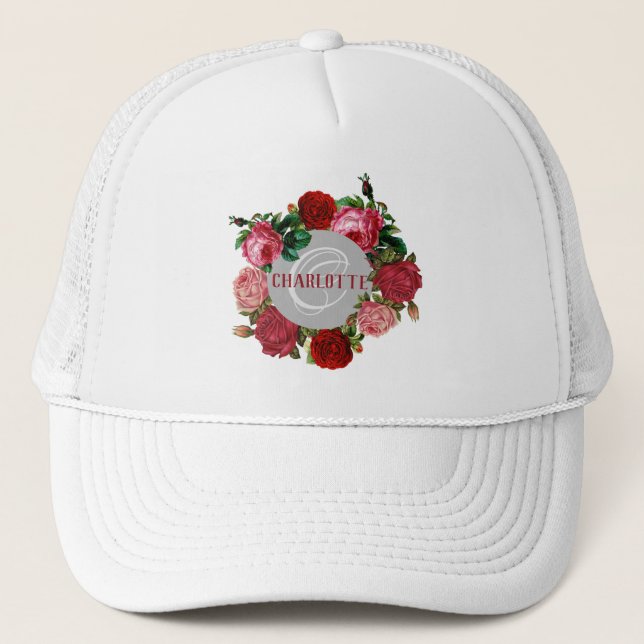 Gorra De Camionero Nombre de monograma del patrón floral personalizad (Anverso)