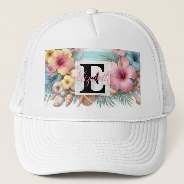 Gorra De Camionero Nombre de monograma en acuarela Flores marinas con (Anverso)