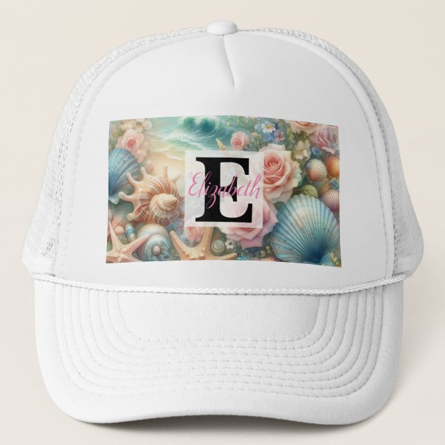 Gorra De Camionero Nombre de monograma en acuarela Flores marinas con (Anverso)