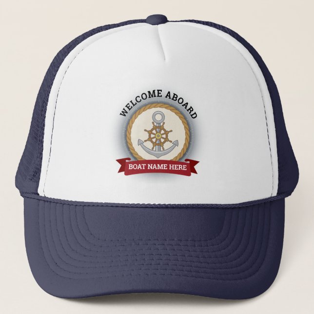 Gorra De Camionero nombre del barco personalizado bienvenida a bordo  (Anverso)