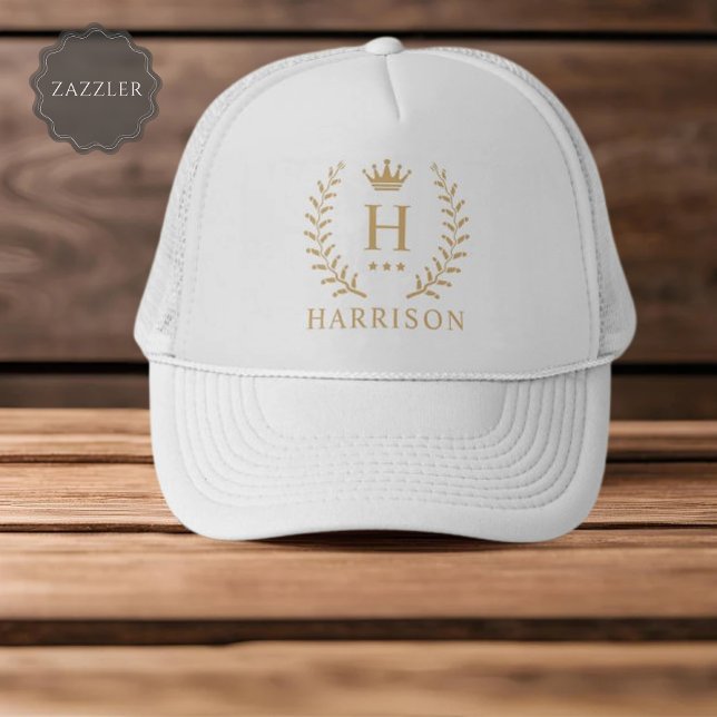 Gorra De Camionero Nombre del personalizar y Monograma inicial de oro (Customize Name & Initial Black White Gold Monogram Trucker Hat)